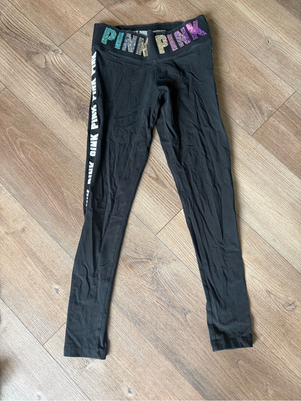 Victoria's Secret PINK Black Leggings with Multicolor Glitter Waistband